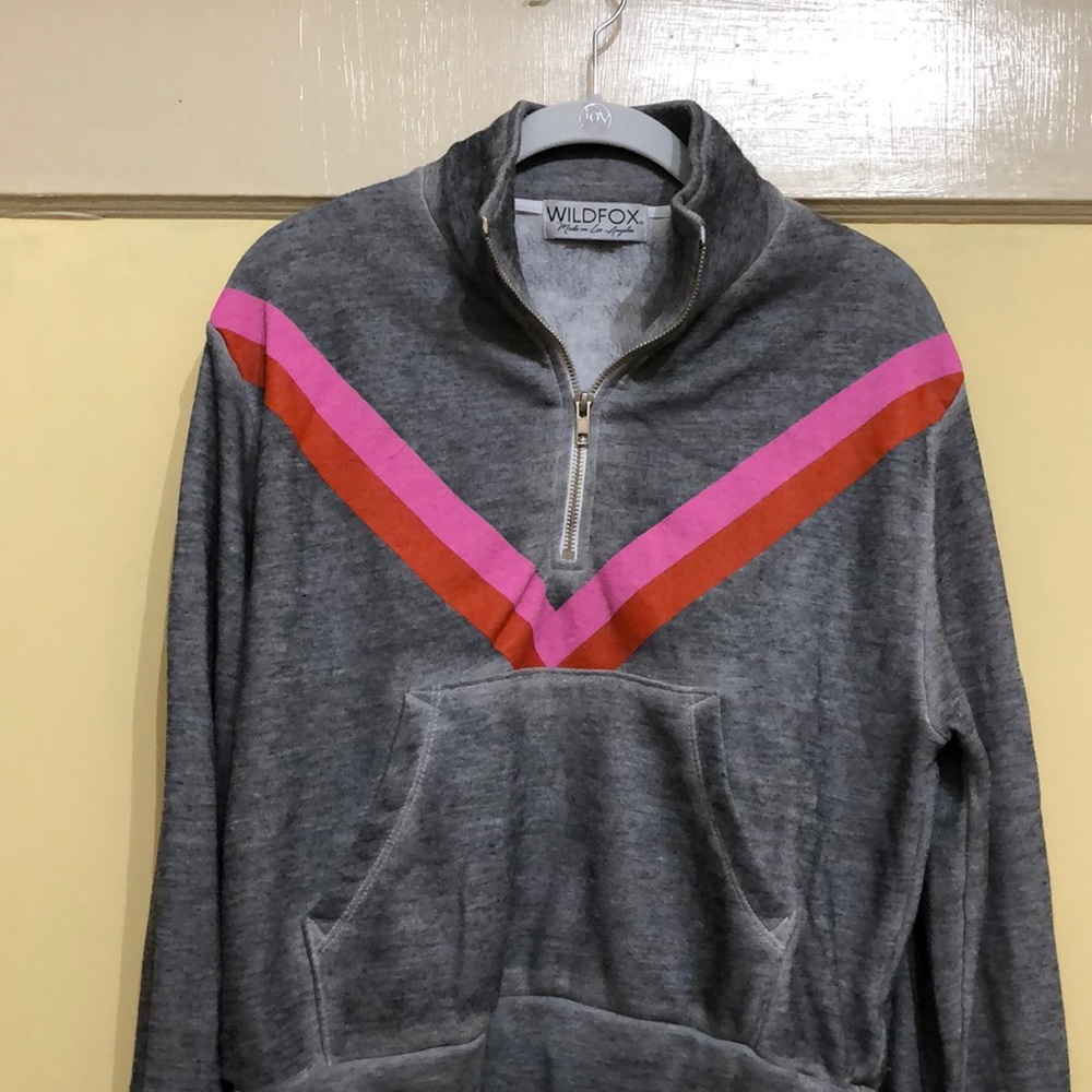 Wildfox Gray V-Neck Sweater with Pink and Red Accents